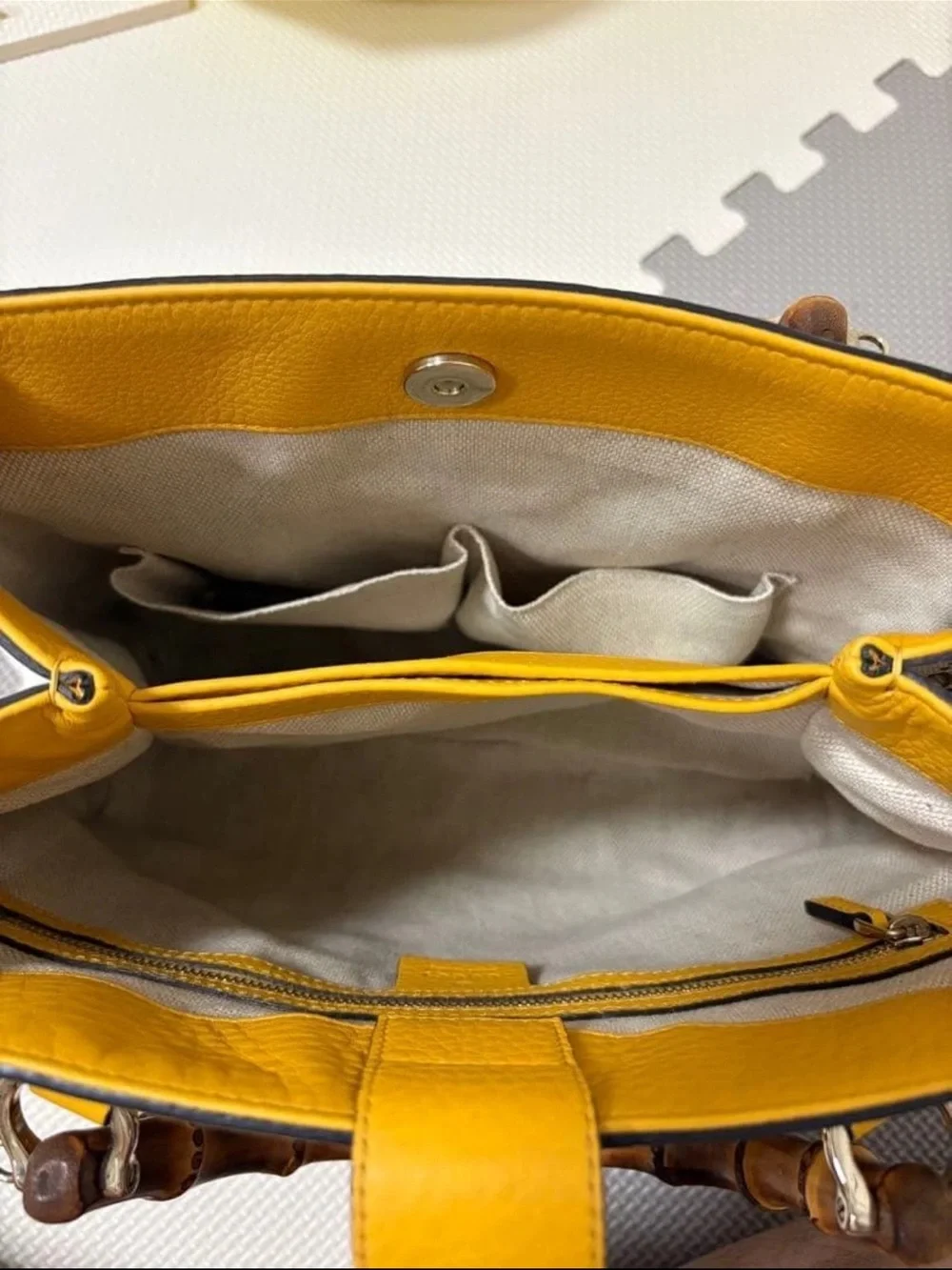 Gucci GG Canvas Shoulder Bag with Yellow Leather & Bamboo Handle